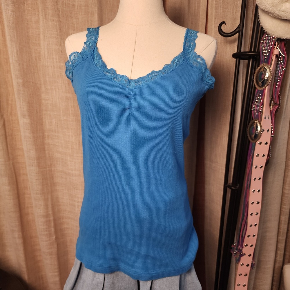 Zizibeh Blue Lace Trim Ribbed Camisole XL 100% Cotton V-Neck Tank Top